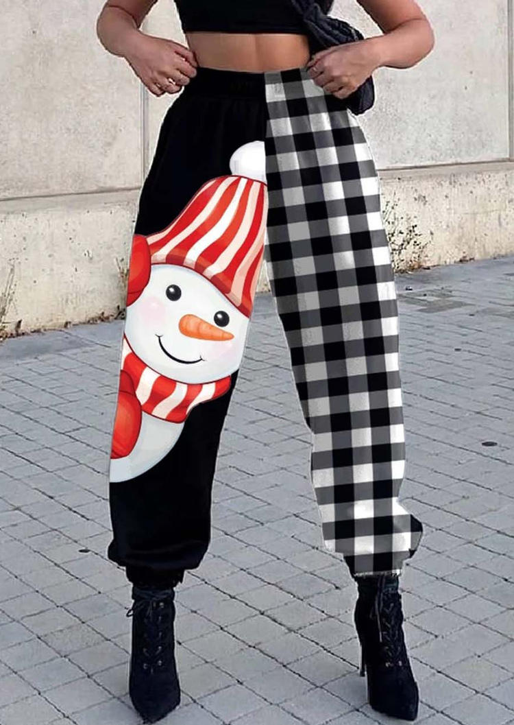 

Christmas Snowman Plaid Elastic Waist Sweatpants - Black, 520090