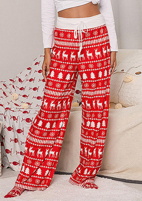 

Christmas Snowflake Reindeer Drawstring Wide Leg Pants, Red, 520093