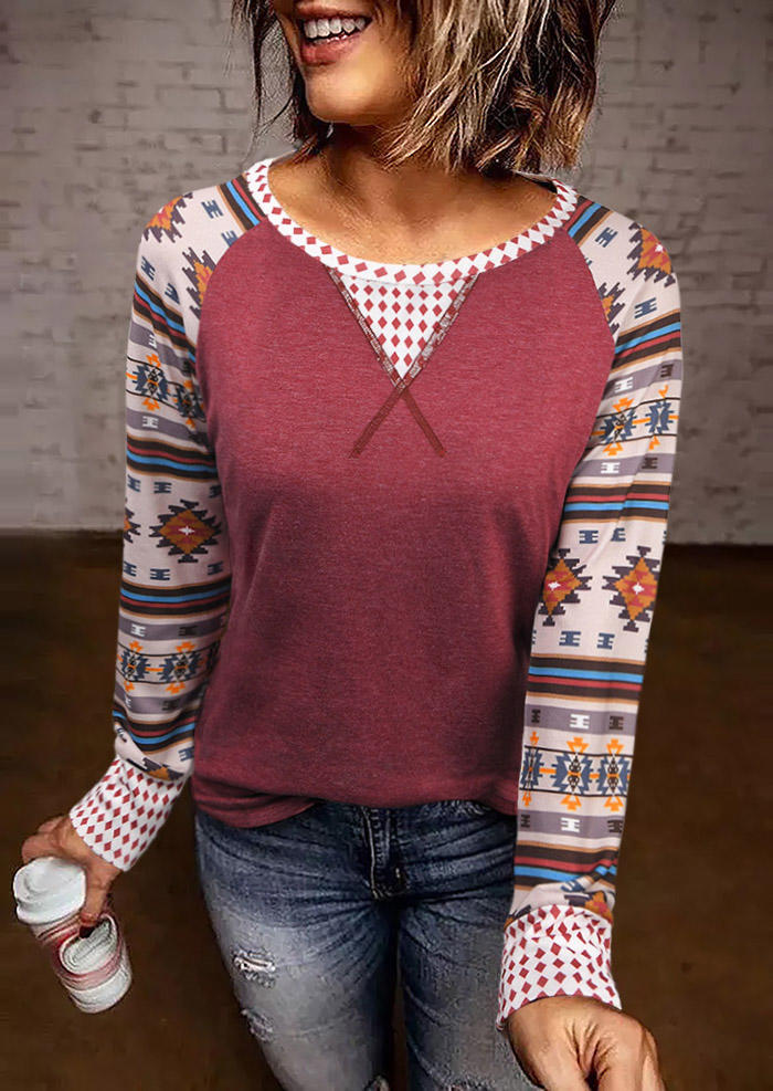 

Aztec Geometric Splicing Long Sleeve Blouse - Cameo Brown, 519334