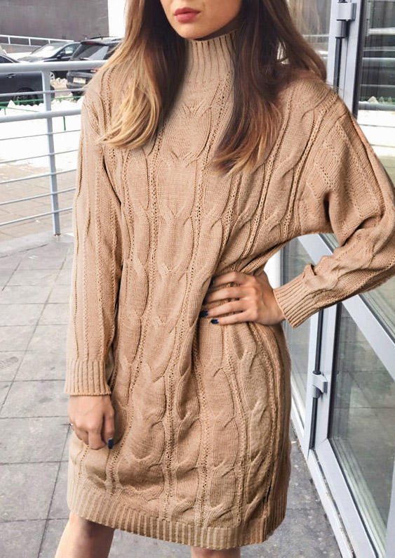 

Crochet Long Sleeve Sweater Mini Dress - Khaki, 519410