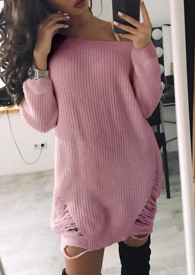Hollow Out Long Sleeve Sweater Mini Dress - Pink