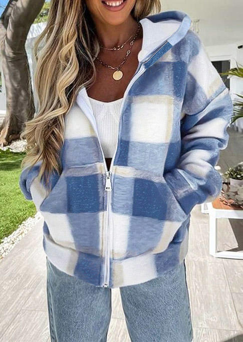 

Plaid Zipper Pocket Hooded Coat - Blue, 519573
