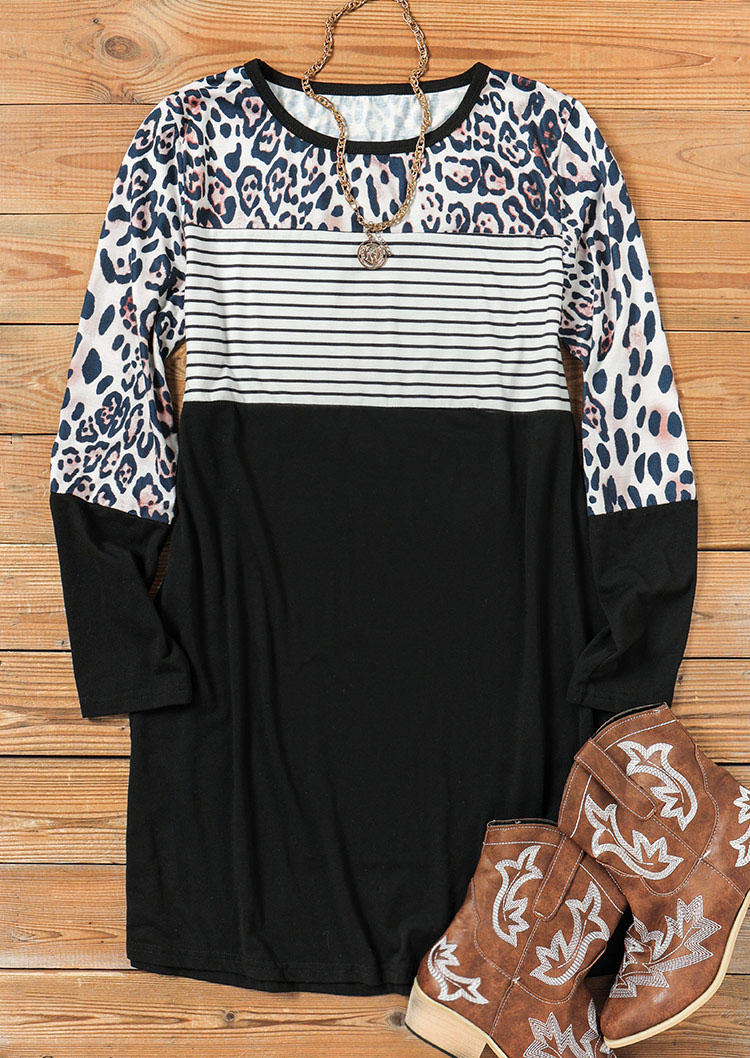 Leopard Splicing Striped Pocket Mini Dress - Black