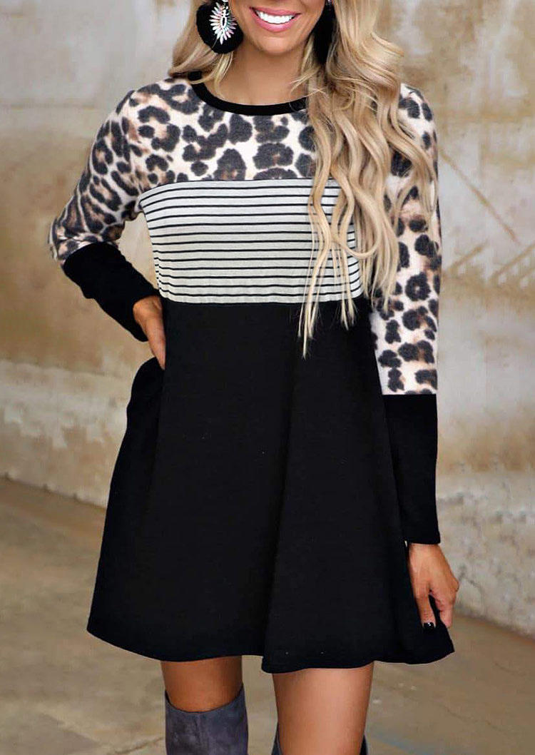

Leopard Splicing Striped Pocket Mini Dress - Black, 519618