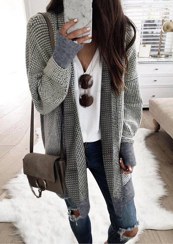 

Plaid Long Sleeve Sweater Cardigan - Beige, 519637