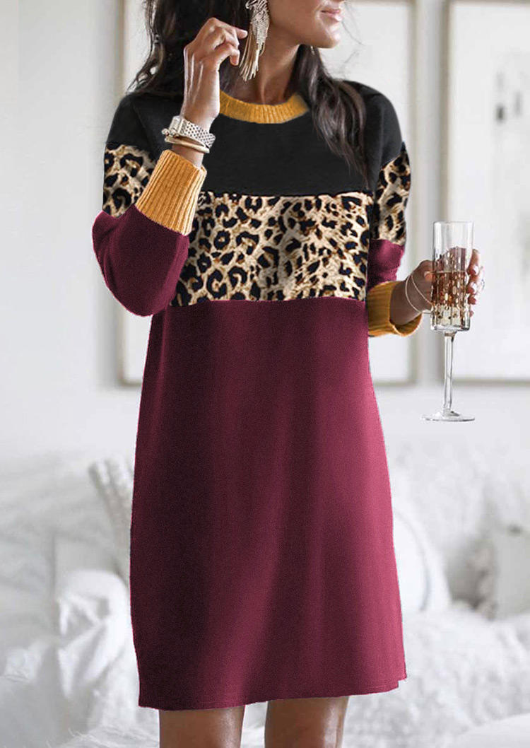 Leopard Color Block Long Sleeve Mini Dress - Burgundy