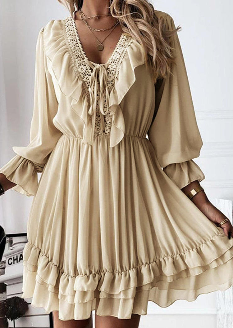 

Ruffled Lace V-Neck Long Sleeve Mini Dress - Apricot, 519899