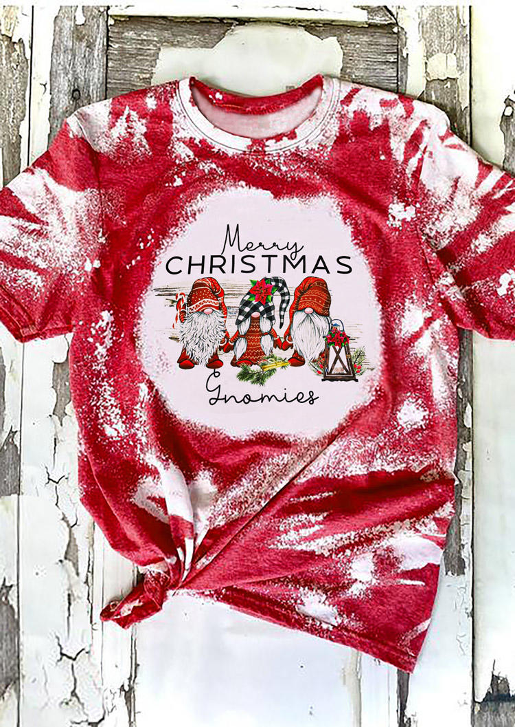 Merry Christmas Gnomies Bleached T-Shirt Tee - Red
