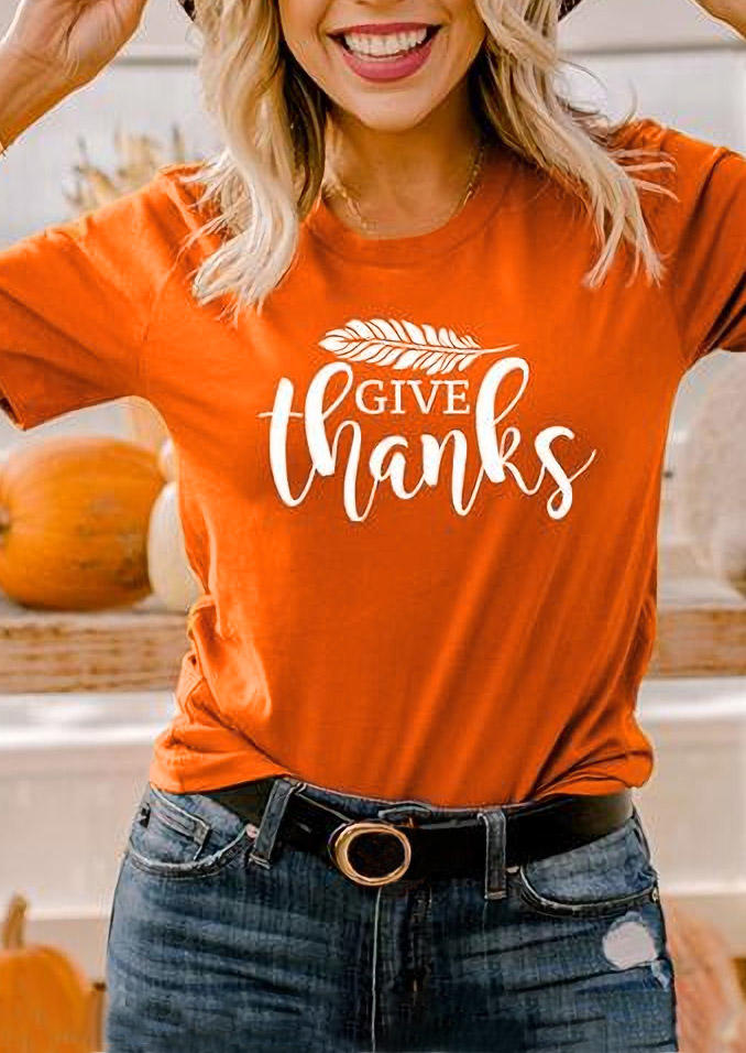 

Thanksgiving Feather O-Neck T-Shirt Tee - Orange, 520004