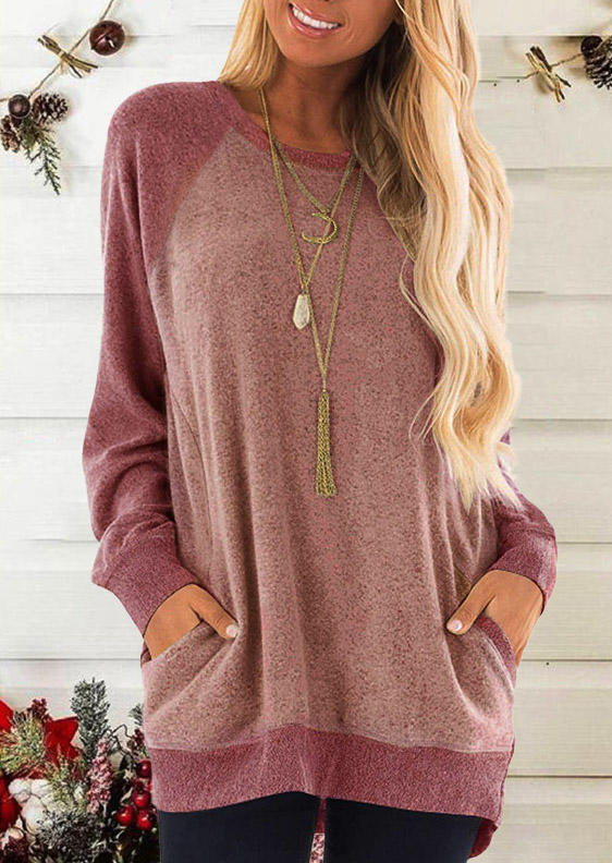 

Pocket O-Neck Long Sleeve Blouse - Cameo Brown, 520044