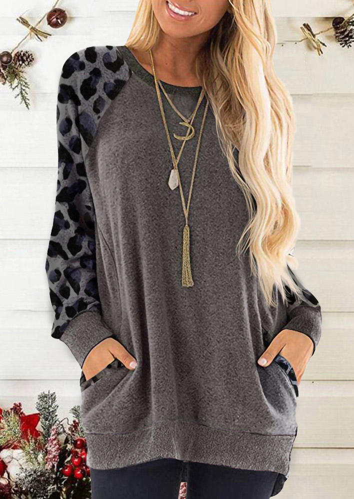 

Leopard Pocket Splicing Long Sleeve Blouse - Gray, 520050