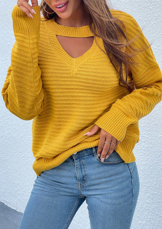 

Hollow Out Long Sleeve V-Neck Sweater - Yellow, 520058