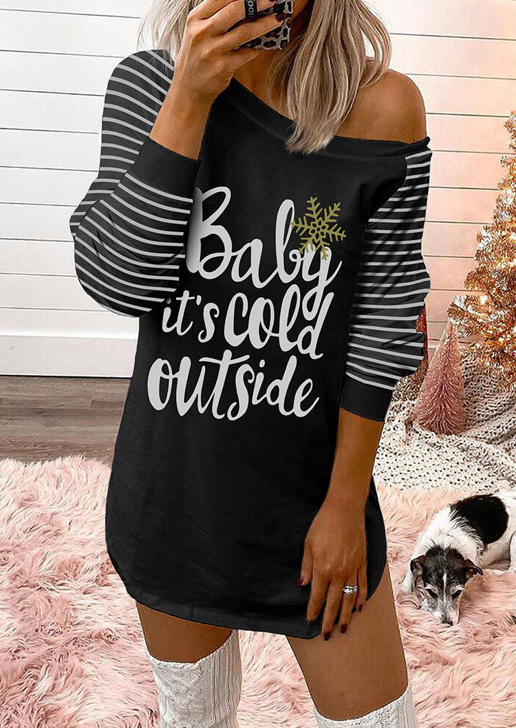 Baby It's Cold Outside Striped Snowflakes Mini Dress - Black