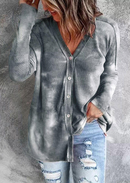 

Tie Dye Button V-Neck Knitted Sweater - Gray, 520073