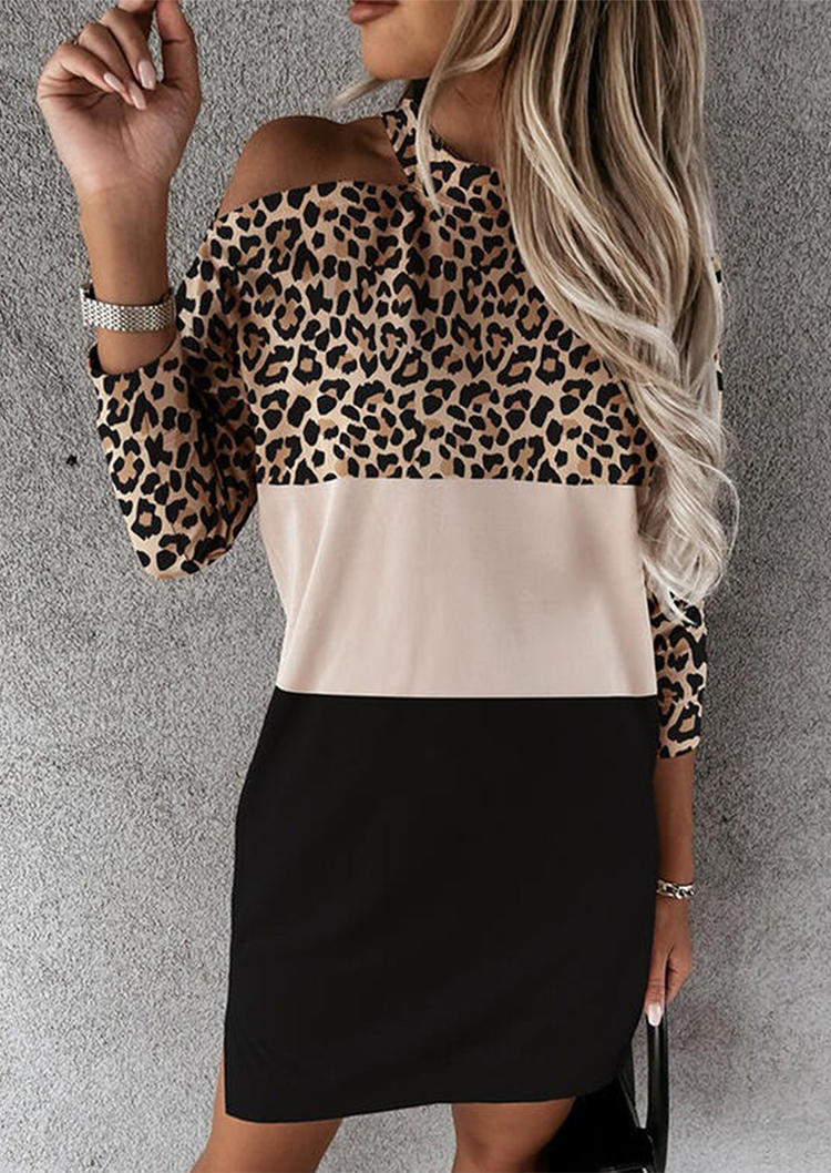 Leopard Color Block One Sided Cold Shoulder Mini Dress