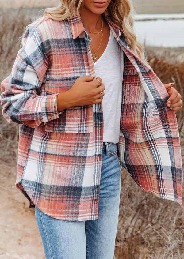 

Plaid Pocket Turn-down Collar Asymmetric Coat - Pink, 520082