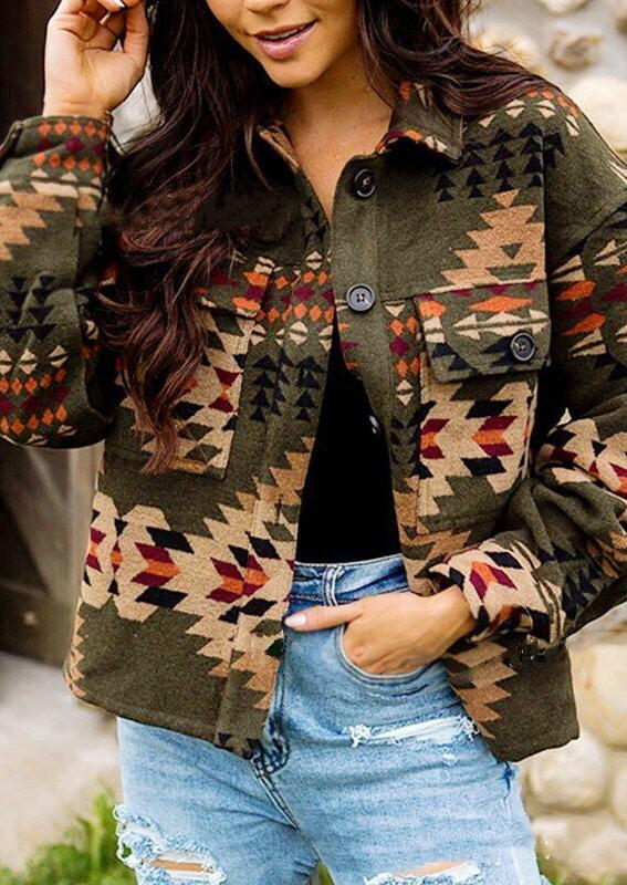 

Aztec Geometric Pocket Button Long Sleeve Coat, Multicolor, 520096