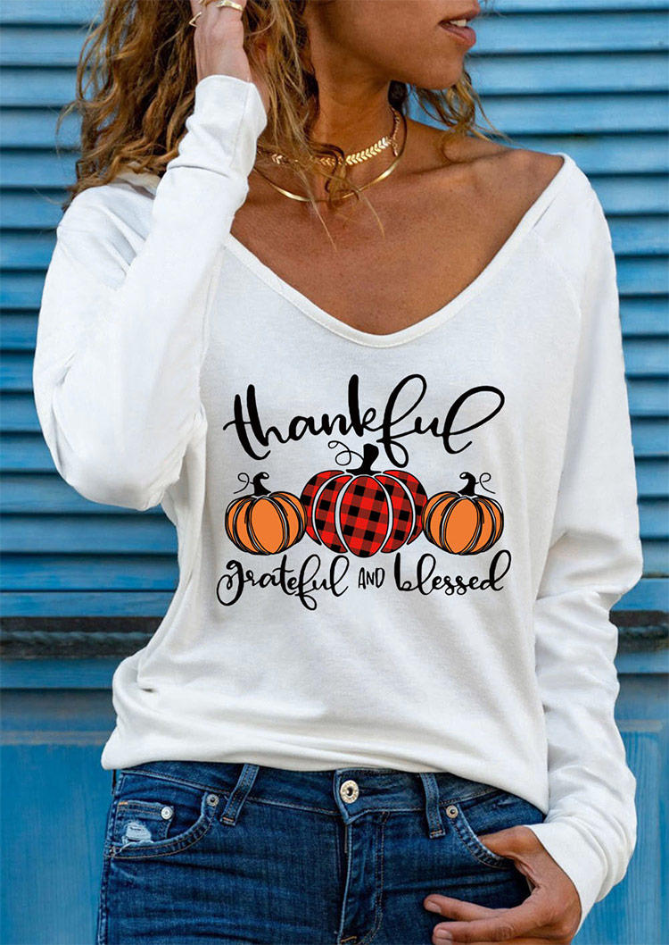 Thankful Grateful And Blessed Buffalo Plaid Pumpkin T-Shirt Tee - White