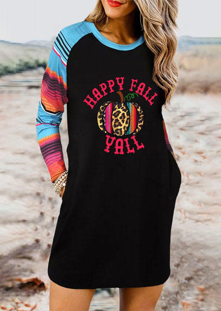 Happy Fall Yall Leopard Pumpkin Serape Striped Mini Dress