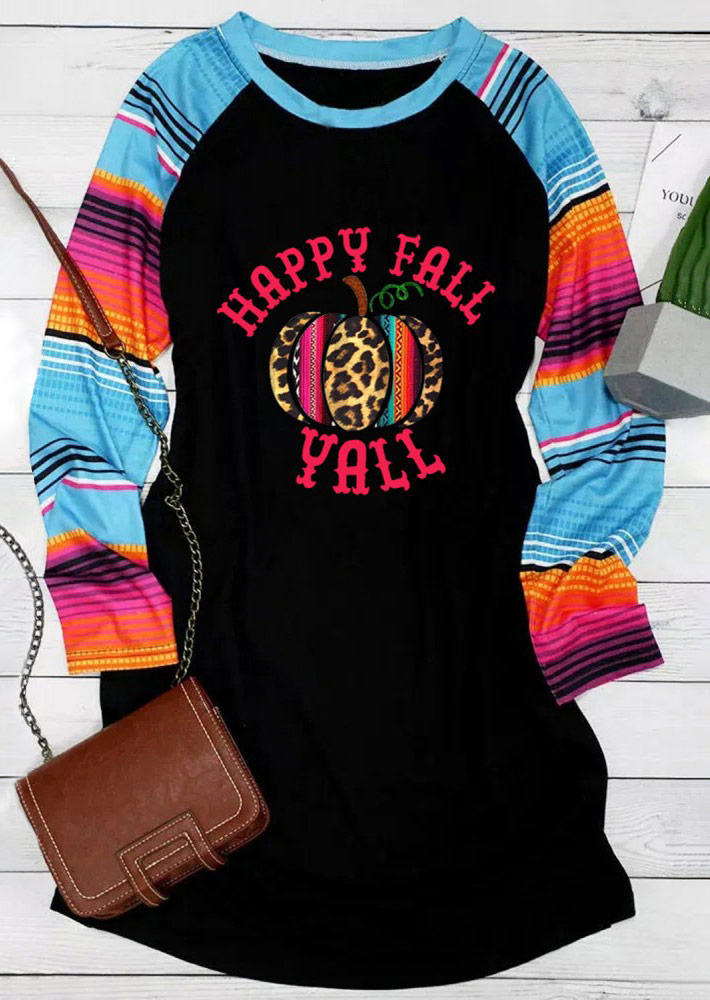 Happy Fall Yall Leopard Pumpkin Serape Striped Mini Dress