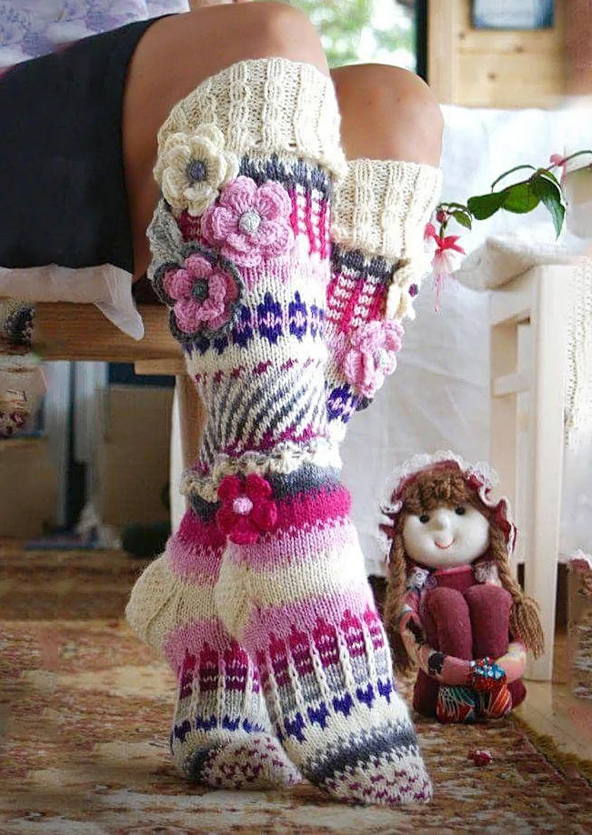 

Colorful Flower Over Knee Knitted Socks, Multicolor, 520150