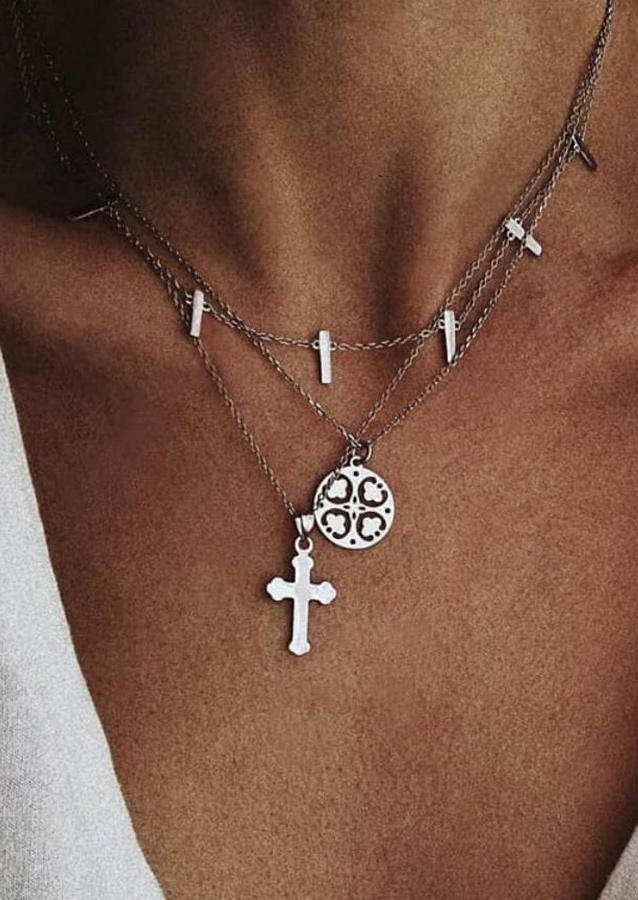 

Cross Lucky Shamrock Multi-Layered Necklace, Silver, 520192