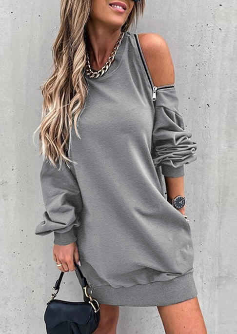 

Zipper Pocket O-Neck Long Sleeve Mini Dress - Gray, 519459