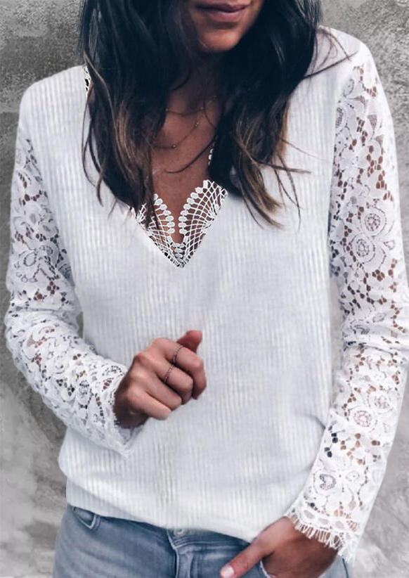 

Lace Splicing Casual Blouse - White, 519399