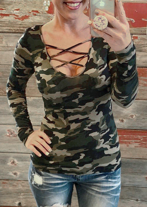 Camouflage Criss-Cross Long Sleeve Blouse