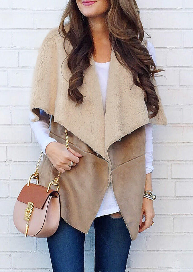

Fleece Lined Open Front Sleeveless Vest Coat - Khaki, 519530