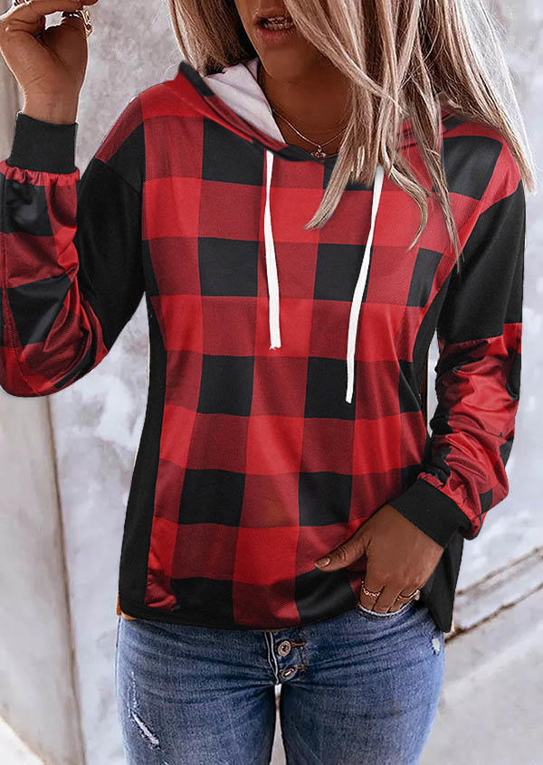 

Plaid Drawstring Pullover Long Sleeve Hoodie - Red, 519597
