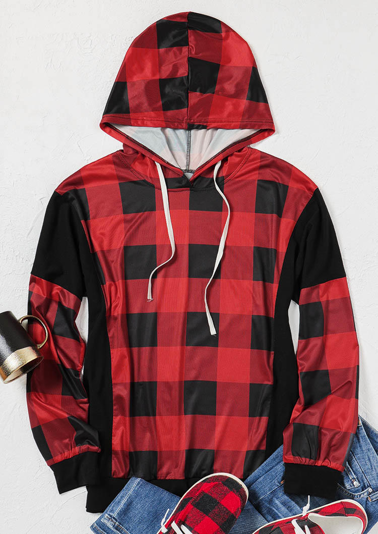 Plaid Drawstring Pullover Long Sleeve Hoodie - Red