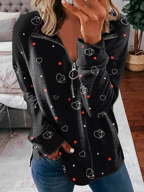 

Love Heart Zipper Collar Sweatshirt - Black, 519610