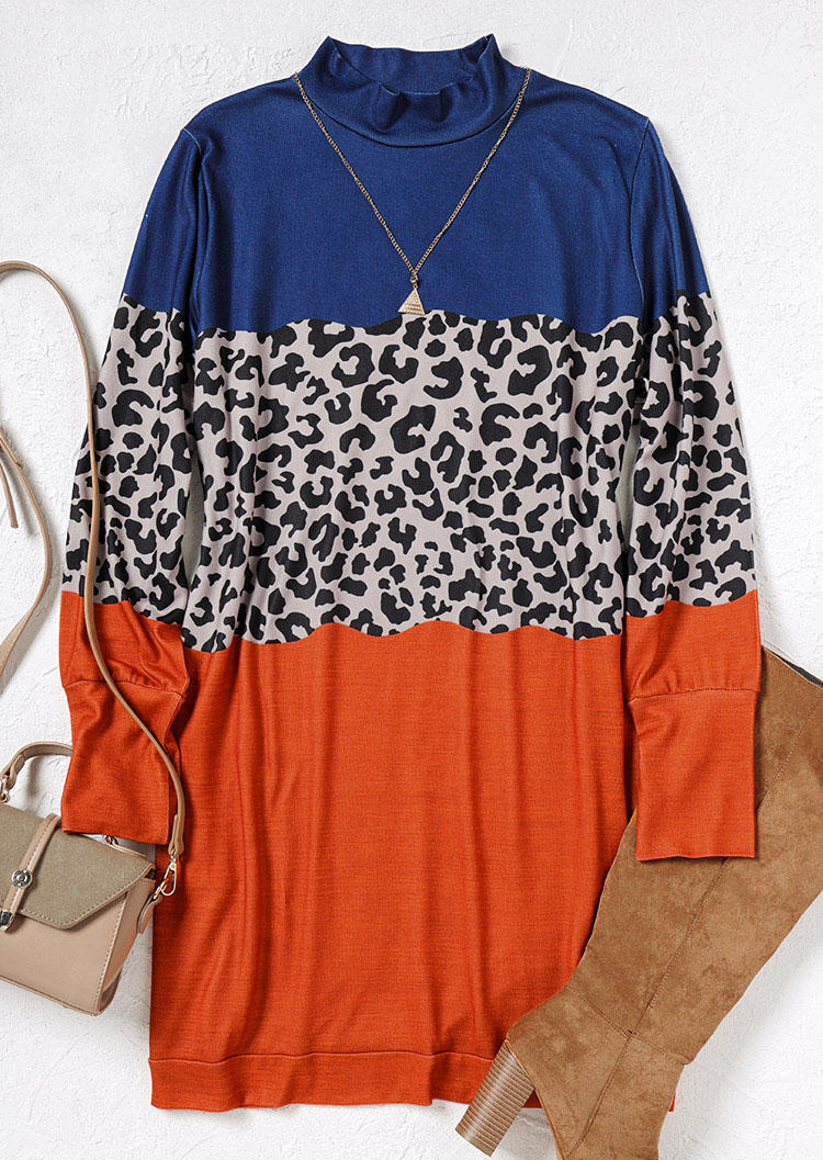 Leopard Color Block Long Sleeve Mini Dress