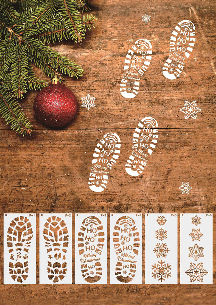 

6Pcs Christmas Snowflake Santa Footprint Stencil Set, Beige, 519722