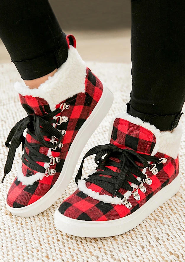

Plaid Lace Up Plush Warm Sneakers - Red, 519797
