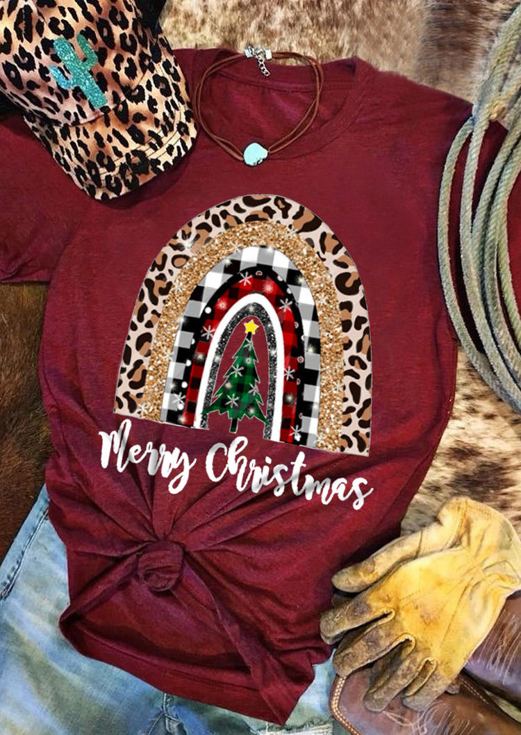 

Merry Christmas Plaid Leopard Rainbow T-Shirt Tee - Burgundy, 520000