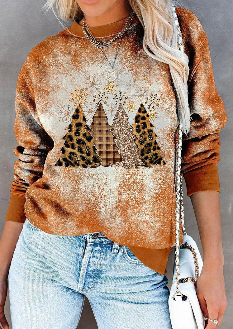 

Christmas Tree Leopard Plaid Bleached Sweatshirt - Brown, 520115