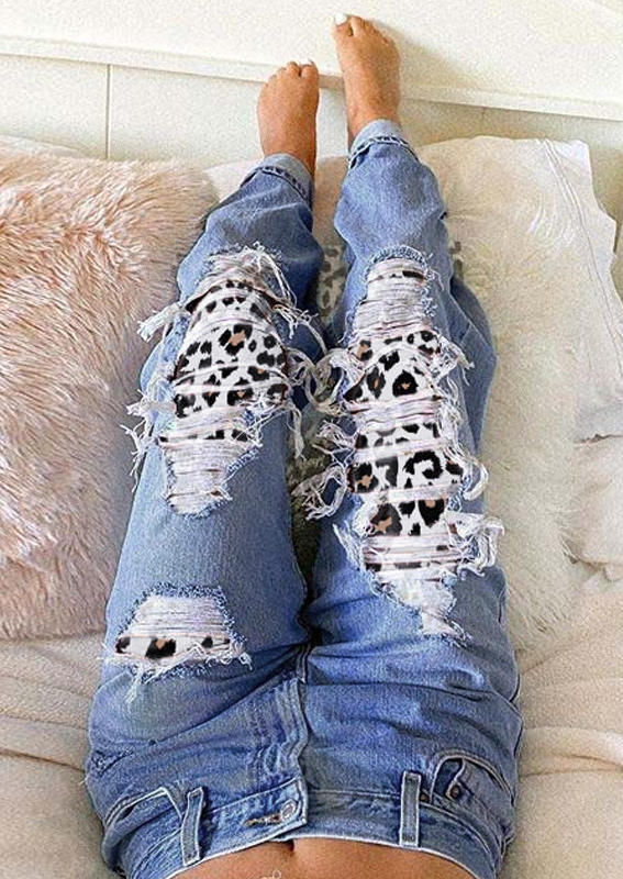 

Leopard Ripped Hole Patch Distressed Denim Jeans - Blue, 520197