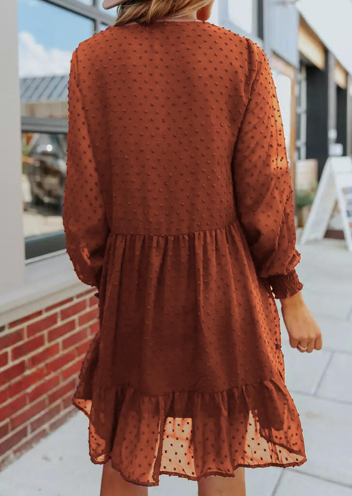 Ruffled Dotted Long Sleeve V-Neck Mini Dress - 	Brown