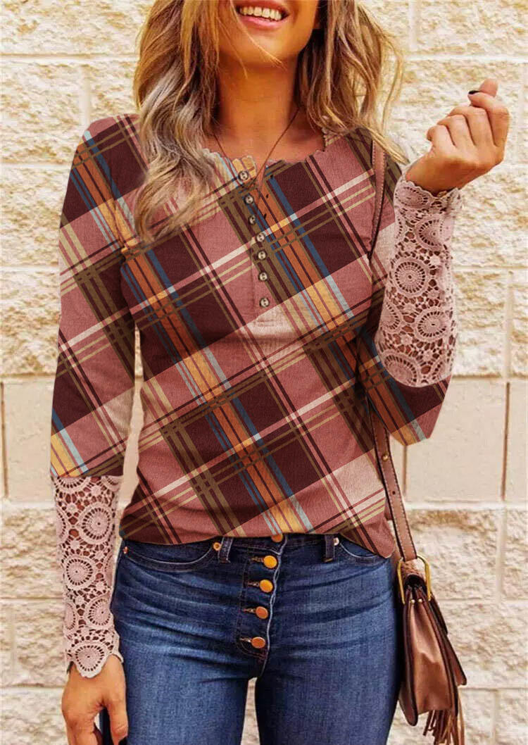 Hollow Out Lace Splicing Plaid Button Blouse