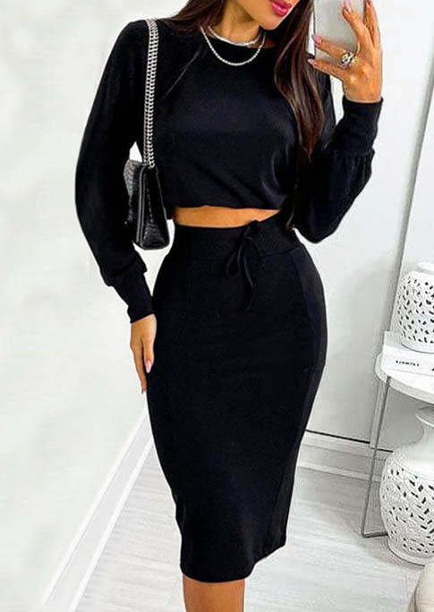 

Long Sleeve Crop Top And Slit Skirt Outfit - Black, 520265