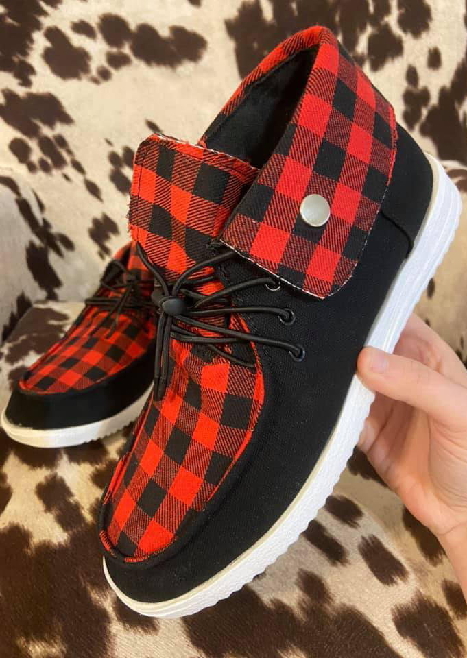 

Buffalo Plaid Lace Up Flat Sneakers - Red, 520279