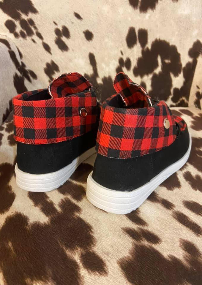 Buffalo Plaid Lace Up Flat Sneakers - Red