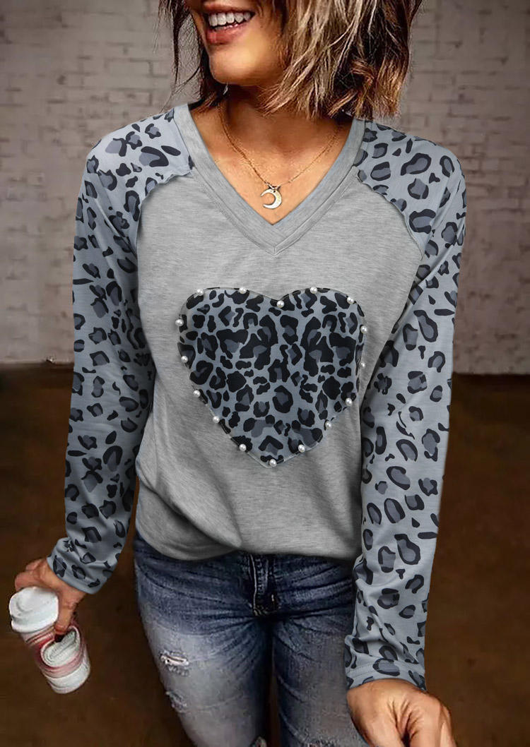 

Leopard Love Heart Beading Raglan Sleeve Blouse - Gray, 519833