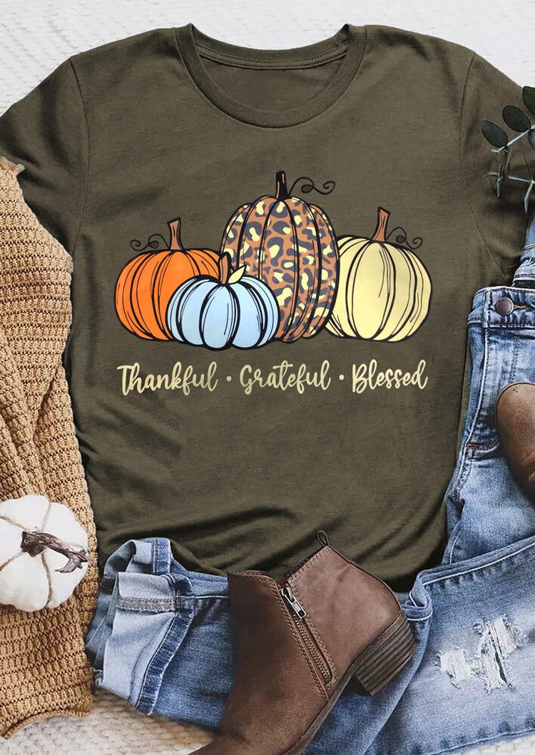 Buy Thankful Grateful Blessed Pumpkin T-Shirt Tee - Army Green. Picture