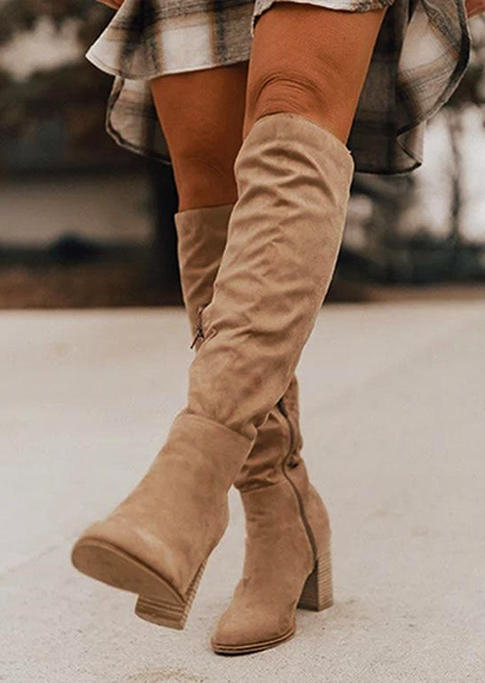 Pointed Toe Knee-High Heeled Boots - Camel
