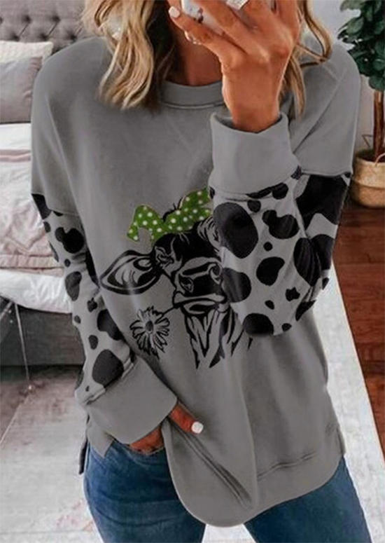 Cow Floral Long Sleeve Sweatshirt - Gray