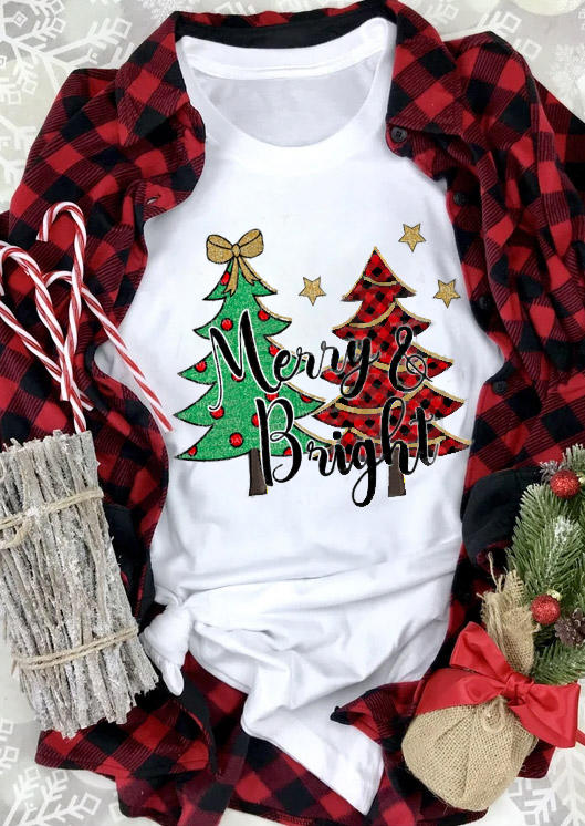 

Merry & Bright Christmas Buffalo Plaid Tree T-Shirt Tee - White, 520294