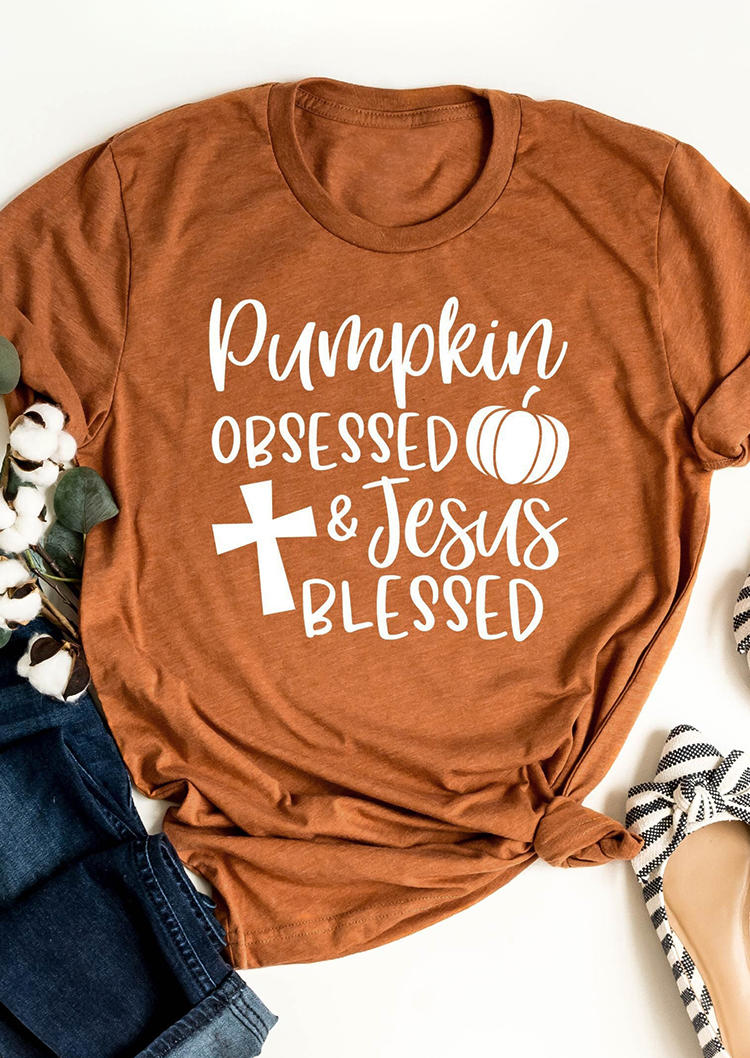 

Pumpkin Obsessed Jesus Blessed Cross T-Shirt Tee - Orange, 520312